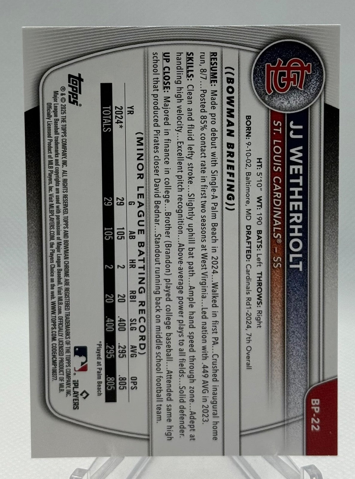 2025 Bowman - Chrome JJ Wetherholt #BCP-22 (RC)