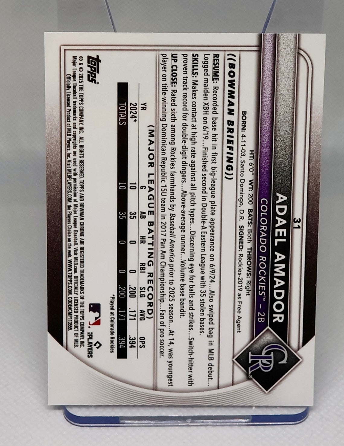 ADAEL AMADOR 2025 BOWMAN CHROME ROOKIE RED LOGO ROCKIES RC Q0208