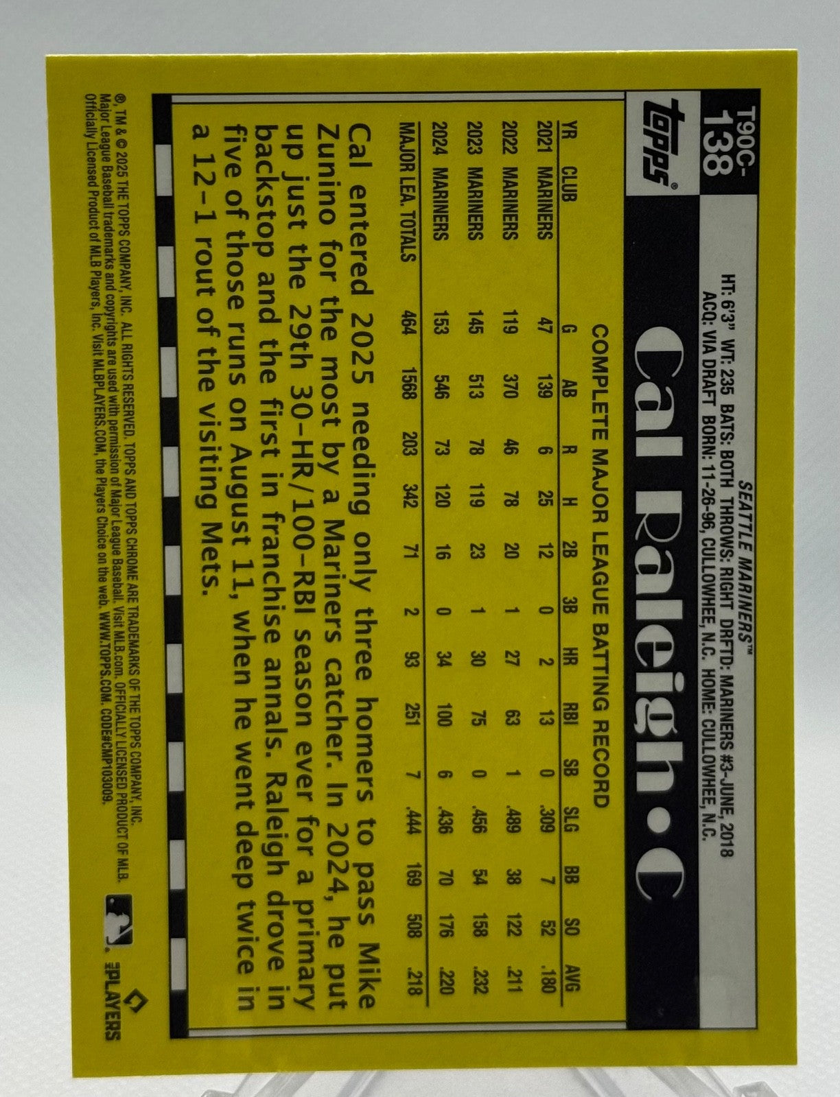 2025 Topps Series 2 Chrome - Cal Raleigh #T90C-138 Silver Pack Mojo - Mariners
