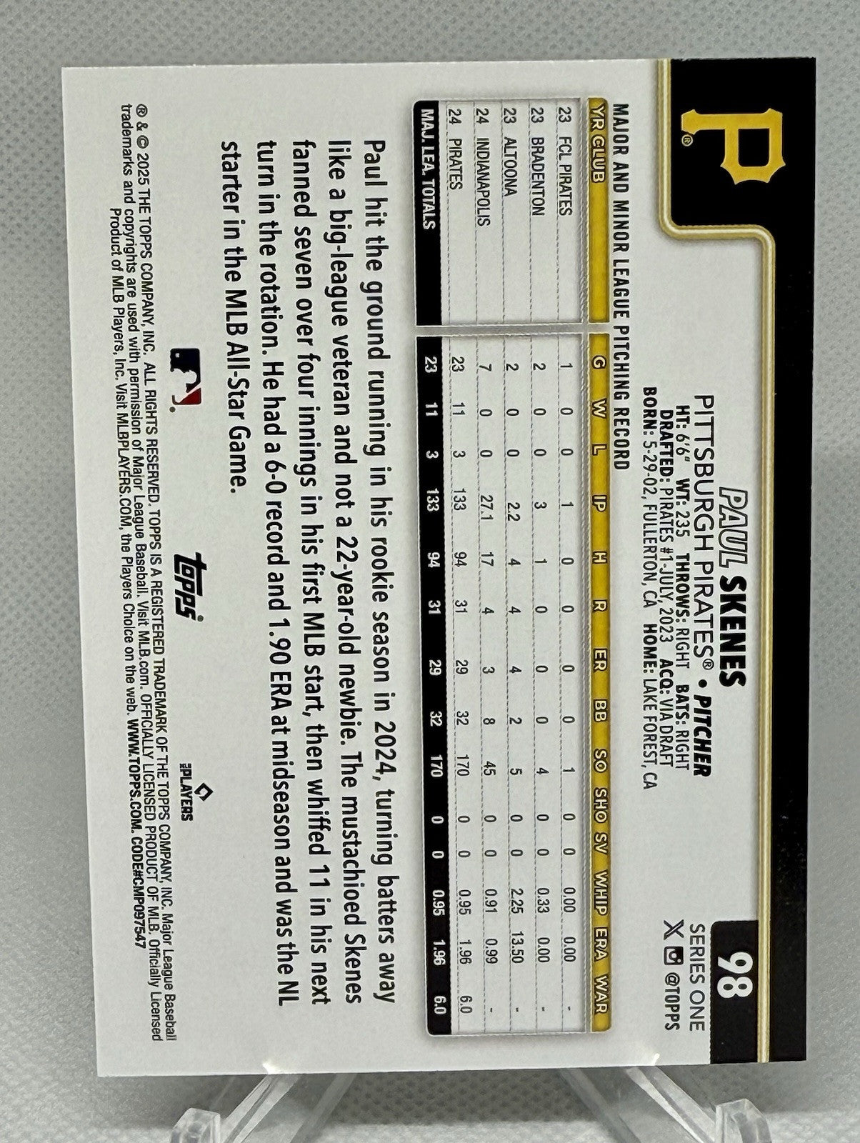 2025 Topps Series 1 #98 Paul Skenes Rookie Cup Pittsburgh Pirates